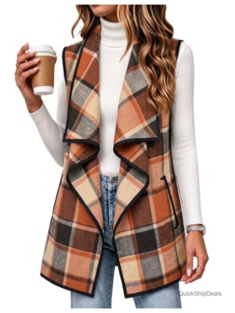Zeagoo Women Vest Long Plaid Jacket Sleeveless Flannel Coat with Pockets